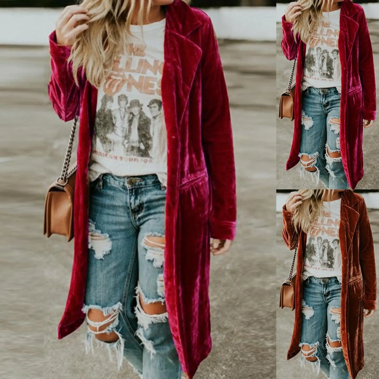 

Women' Golden velvet jacket Solid Color Long Sleeve Coat Pockets Midi trench female 2021 Autumn Winter Coats