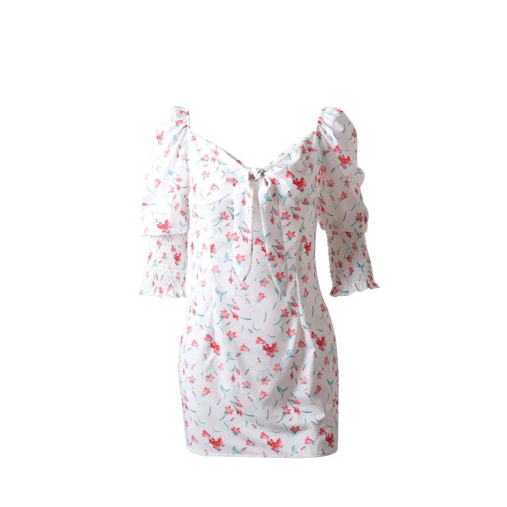 

Sweet Women Chiffon Dress Pleated Floral Mid Sleeve Deep V Neck Bow Boho Dress Ladies Sexy Beach Summer Dress Vestido Mini Dress