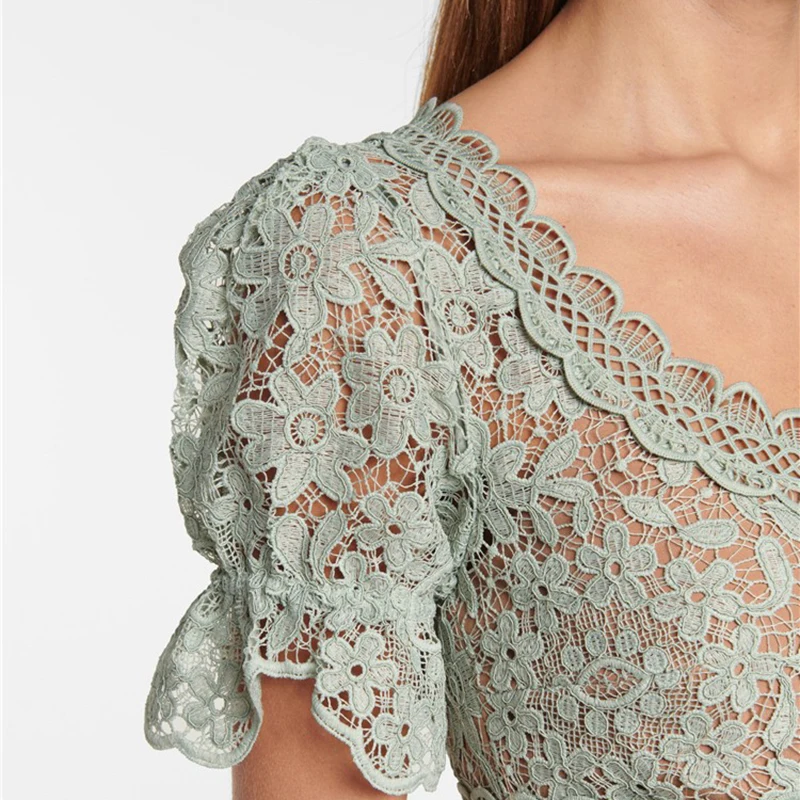 

VGH Green Patchwork Lace Elegant Dress For Women O Neck Puff Short Sleeve High Waist Hollow Out Midi Dresses Female Fashion Tide