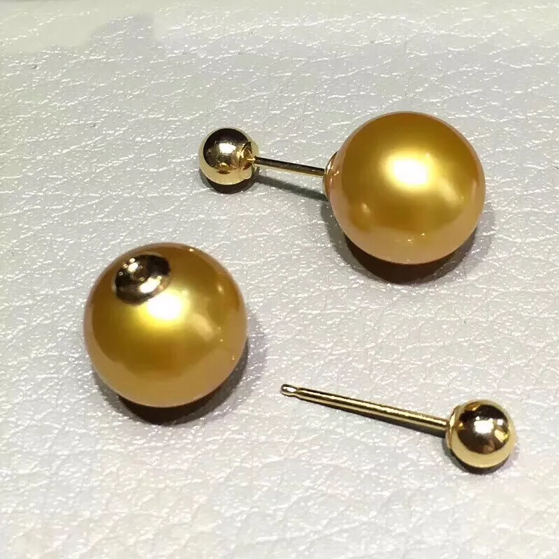 Женские жемчужные серьги круглые с натуральным пресноводным золотом 18 К 10-11 мм 922