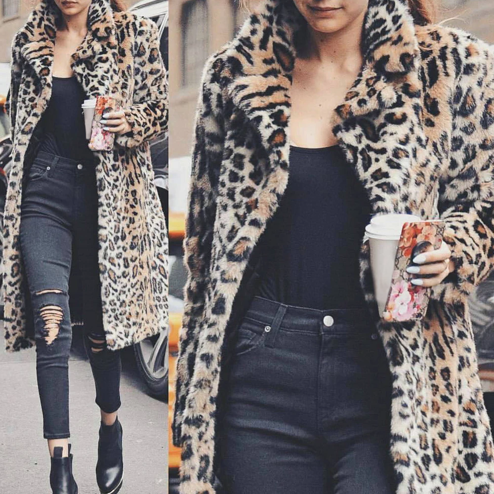 HEFLASHOR 2019 Leopard Printed Coats Casual Furry Notched Winter Coat Women Lapel Collar Long Parkas Sexy Slim Outerwear | Женская