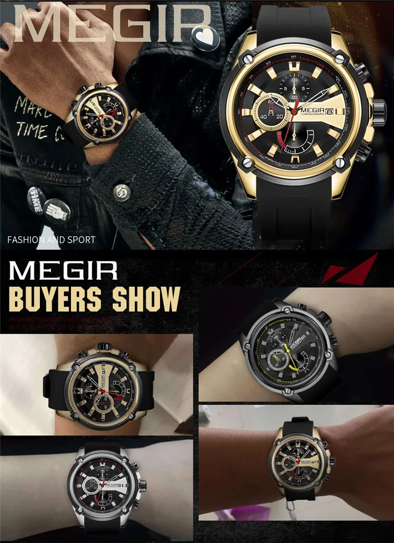 Мужские наручные часы MEGIR черные с хронографом резиновым ремешком и датой 2086|box