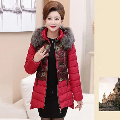 Abrigos mujer invierno, модный принт, зимний женский пуховик, хлопок, средней длины, куртка, парка с капюшоном, меховой воротник, утолщенное пальто - Цвет: red