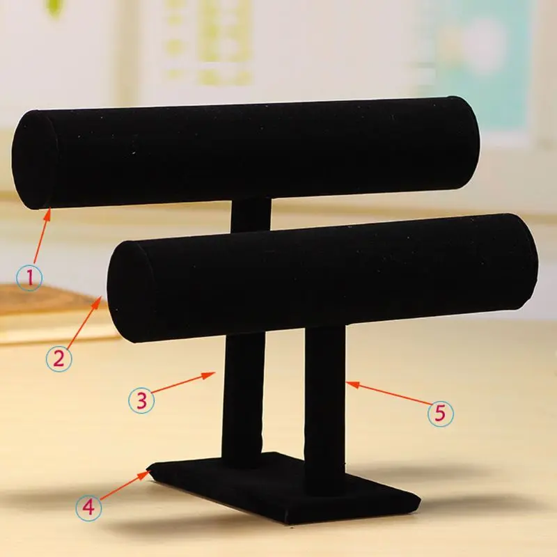 

2 Tiers Black Velvet Hovering T-Bar Bracelet Necklace Jewelry Display Stand R9JE