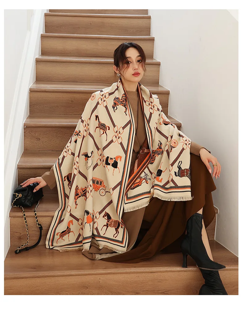 

New Woman Fashion European And American Style Retro Carriage Printing Imitation Cashmere Shawl Multifunction Decorate Warm Scarf