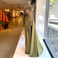 sexy high neck mermaid woman evening dresses one shoulder side split prom gowns beaded satin party formal saudi arabia dress
