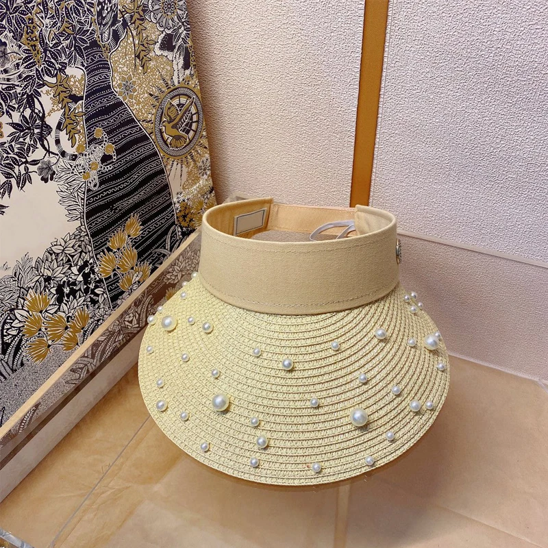 

2021 Women Sun Hats Pearl Weave White Fashion Women Peaked Cap Outdoor Classic Practical High Quality Female Empty Top Hat