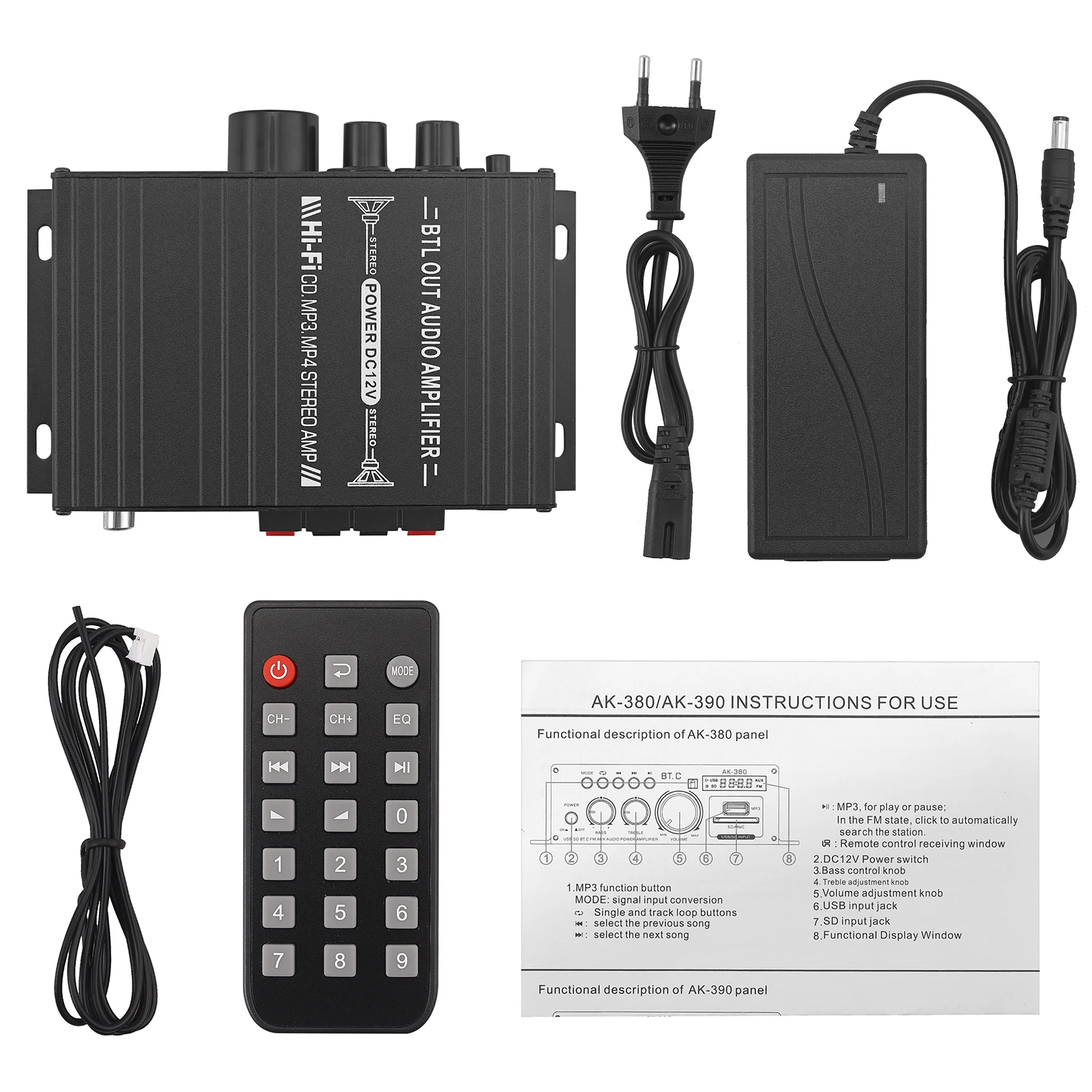 eSYNiC AK-380 Mini Audio Power Amplifier 2.0 CH Bluetooth-compatible 5.0 Receiver Bass &amp Treble Control Music Player Sound Amp |