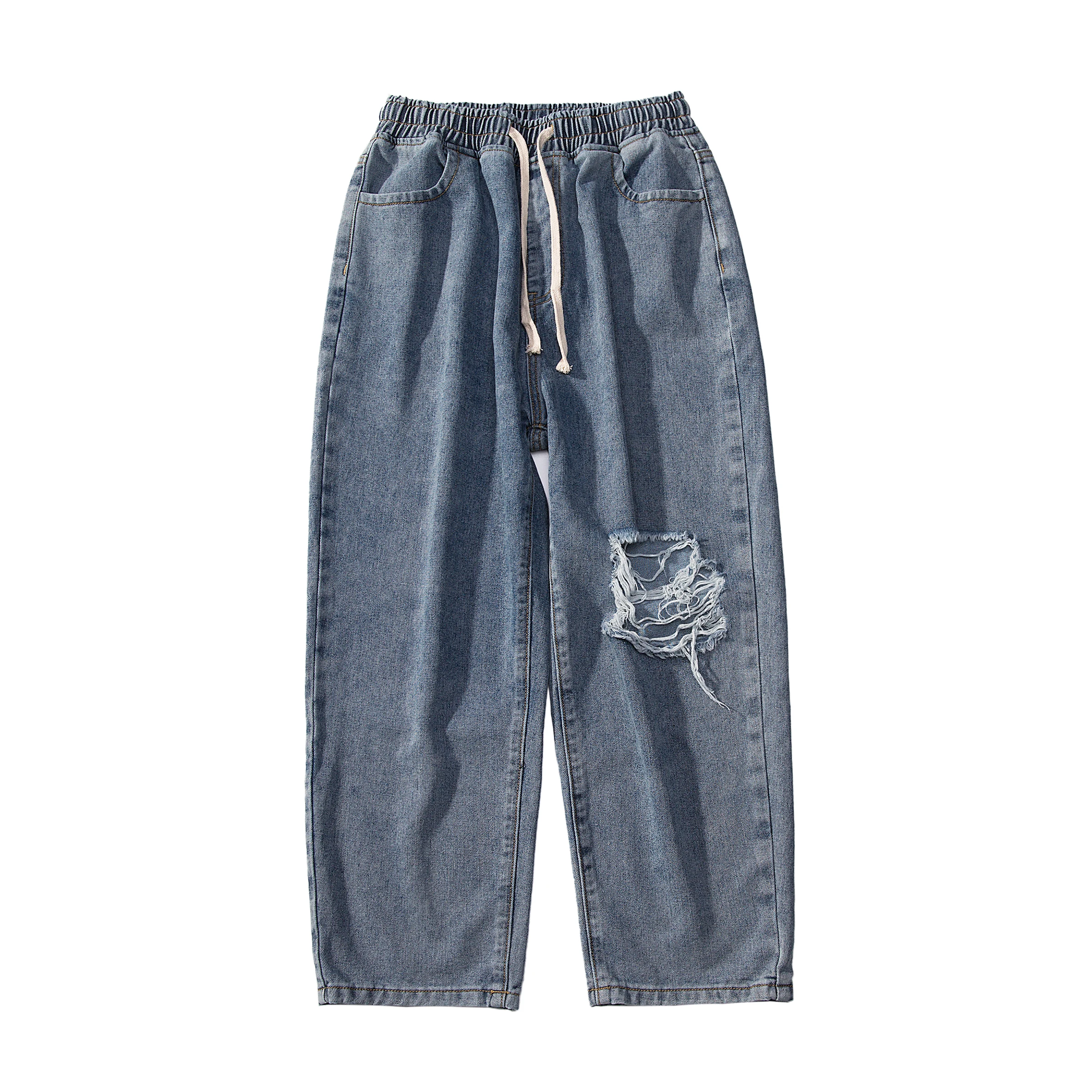 

2020 Men's Light Blue Color Holes Cowboy Casual Pants Baggy Homme Haren Pants Cargo Pocket Jeans Biker Denim Trousers Size S-2XL