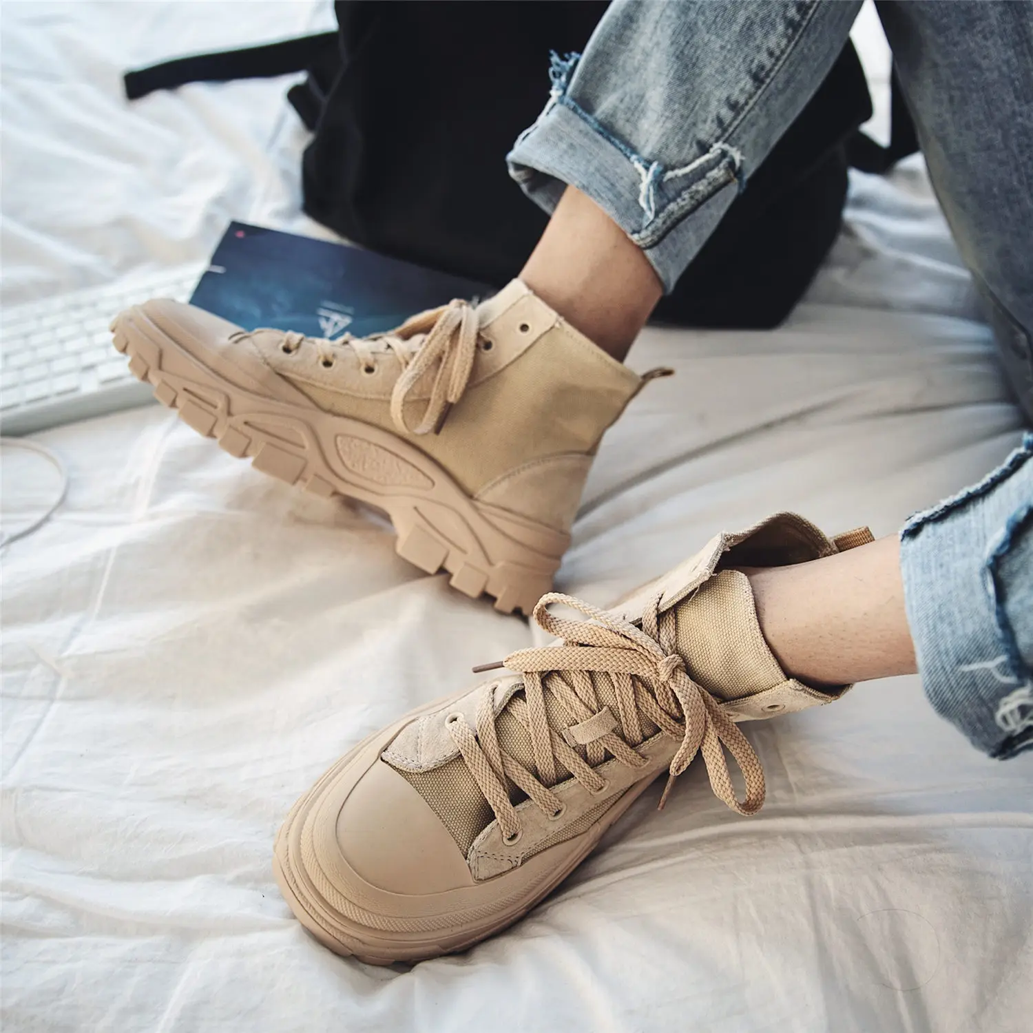 Ботинки мужские с круглым носком повседневные мотоциклетные однотонные ботинки