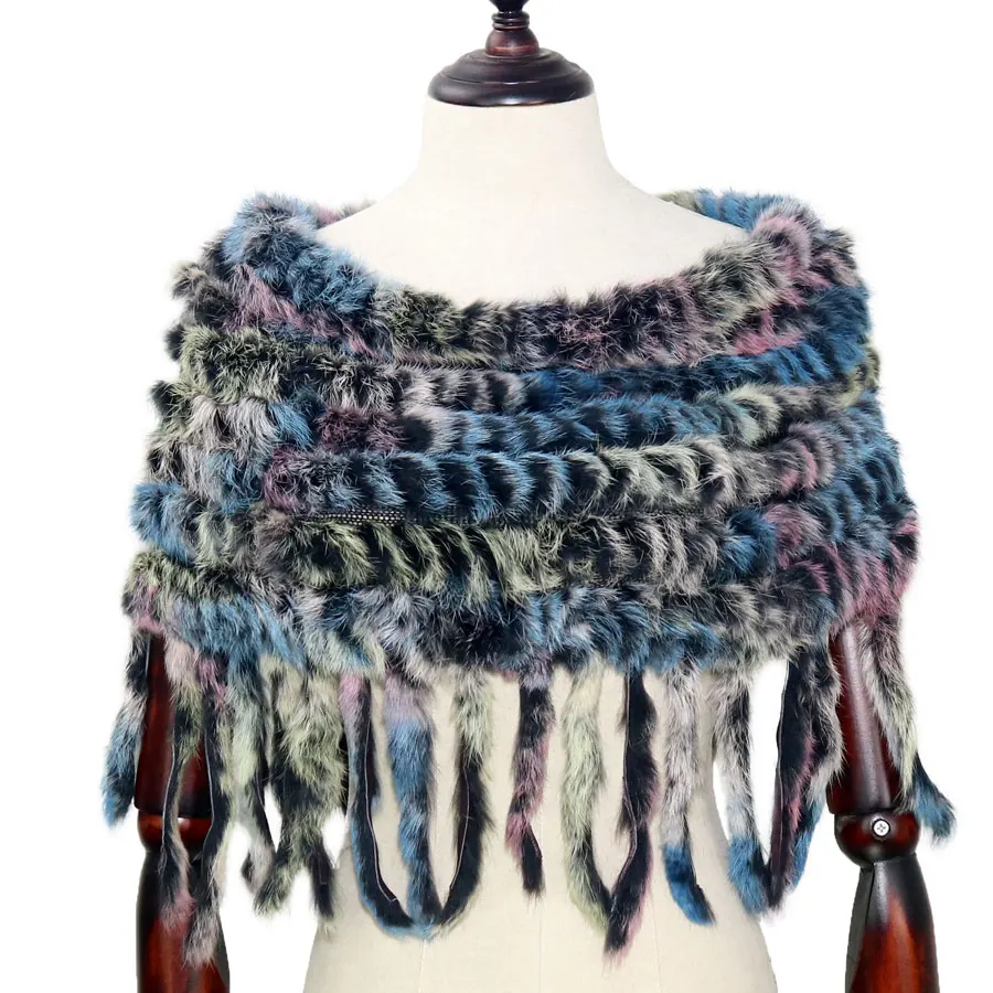 Женская Вязаная Шаль из кроличьего меха пончо с кисточкой натурального шуба