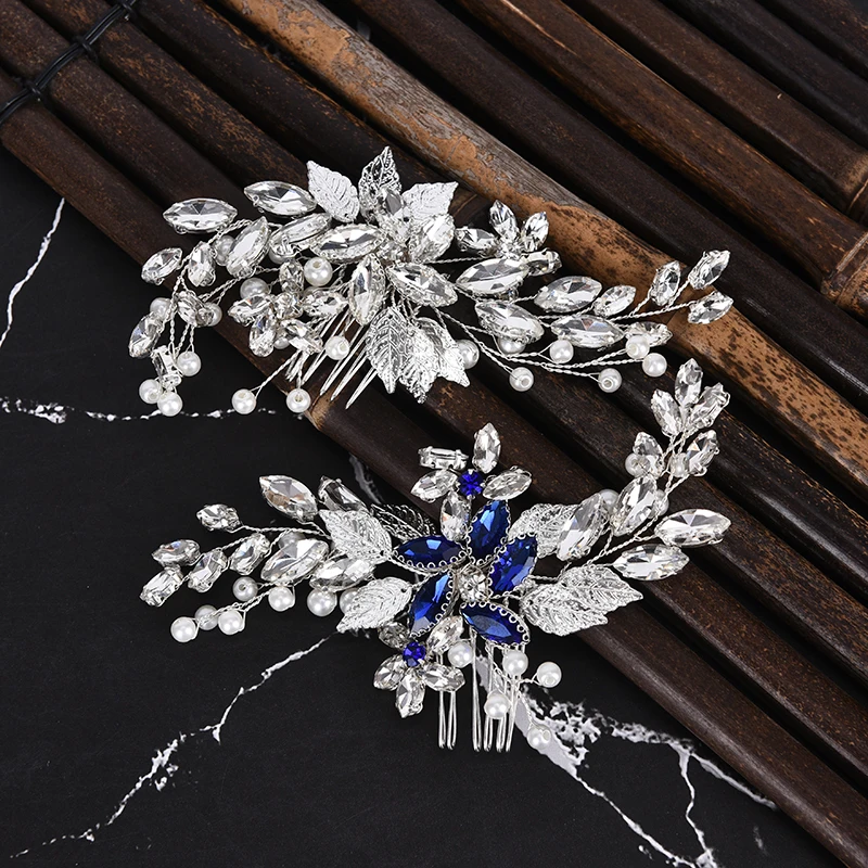 Расчески для волос в виде листьев серебро/синий кристалл свадебные аксессуары