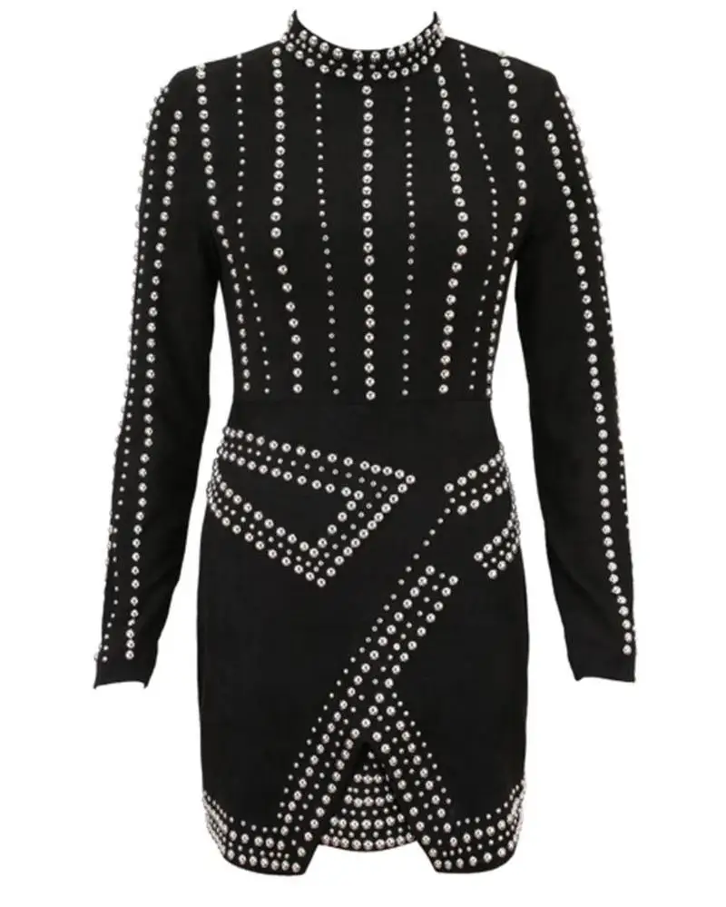 Дамы Бисероплетение с длинным рукавом Bodycon платье женщины макет шеи Мини Вечерние платья