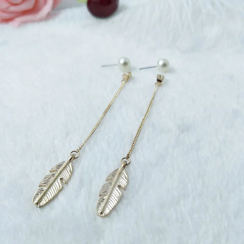 Женские Висячие серьги с перьями и листьями модные имитацией жемчуга простые