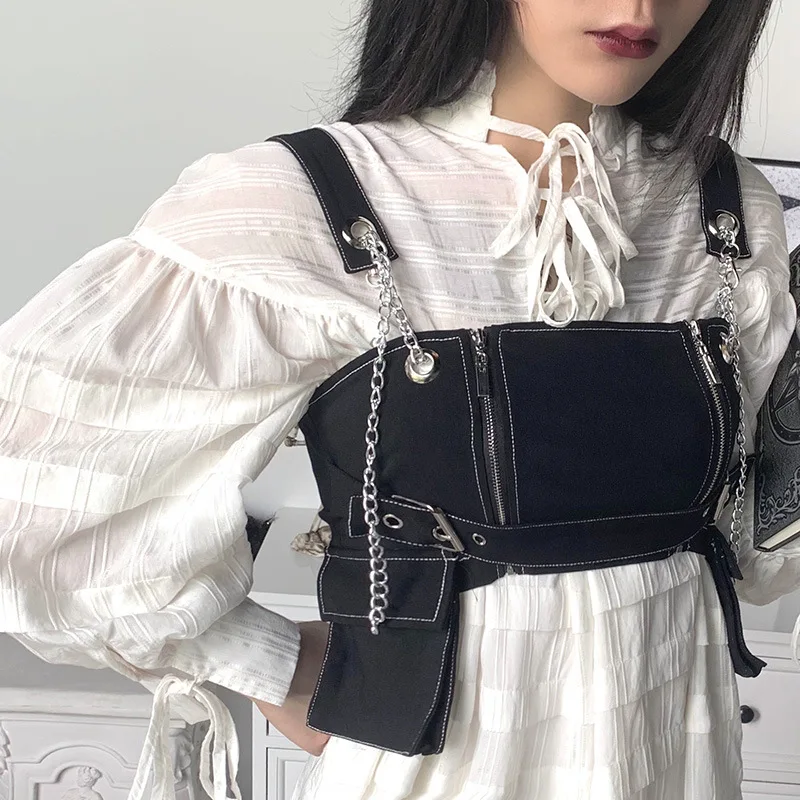 NCLAGEN ремень с цепочкой Готическая джинсовая майка на молнии карманами лоскутный