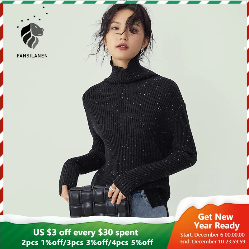 

FANSILANEN Polka Dot Turtleneck Black Pullover Women Long Sleeve Retro Knitted Sweater Asymmetry Design Female Split Casual Tops