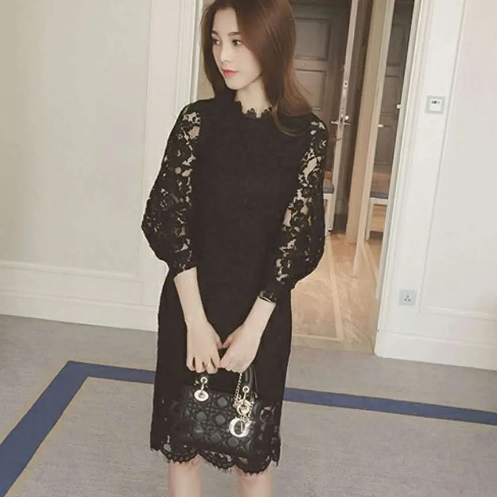 Plus Size Elegant Lace Women Dress Casual Ladies Long Sleeve O-Neck Floral Slim Mid Sexy Party Vestidos z1218# | Женская одежда