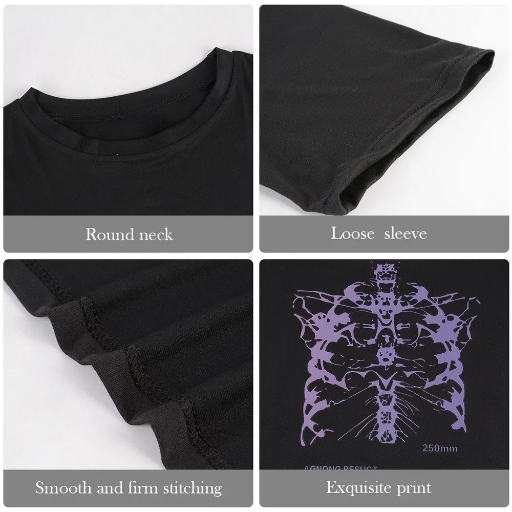 

Hip Hop Summer Short Sleeve Streetwear Women Harajuku T-shirt Skeleton Print vintage clothes tshirt Punk Oversized Goth tops tee