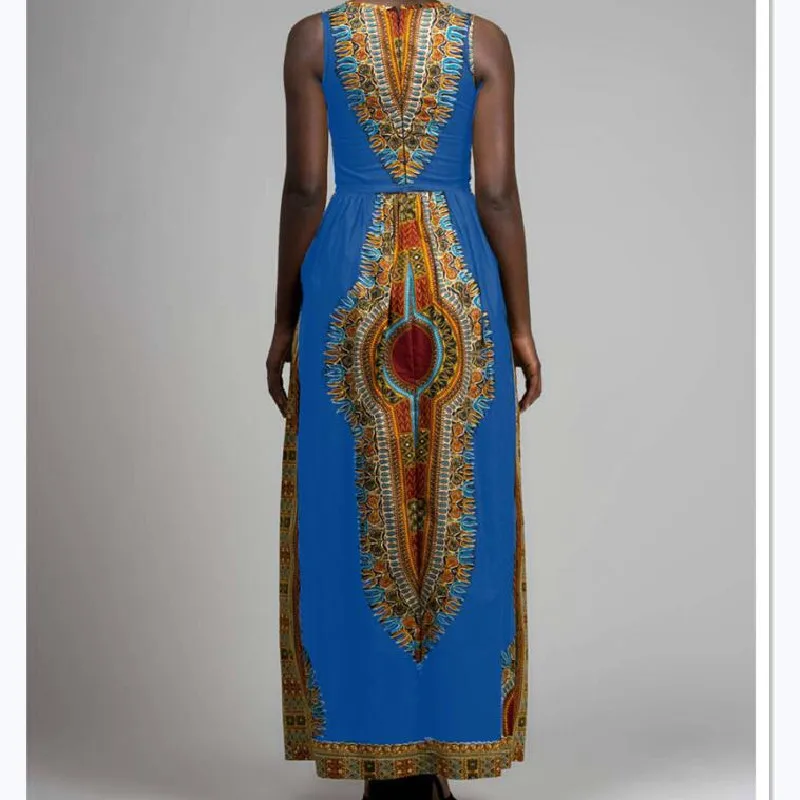 

2020 New Arrival Women Vintage Print Dress Bohemian O-neck Sleeveless Loose Maxi Dresses