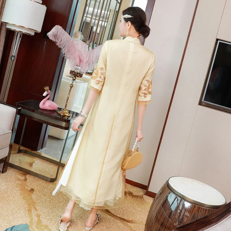 

Top Quality Brand Chinese Dress 2020 Autumn Women Luxurious Embroidery 3/4 Sleeve Mid-Calf Length White Apricot Dress Vintage