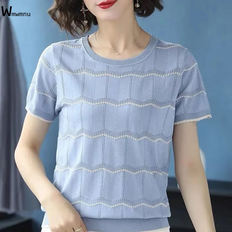 

Женская трикотажная футболка, короткий топ в полоску с круглым вырезом и коротким рукавом