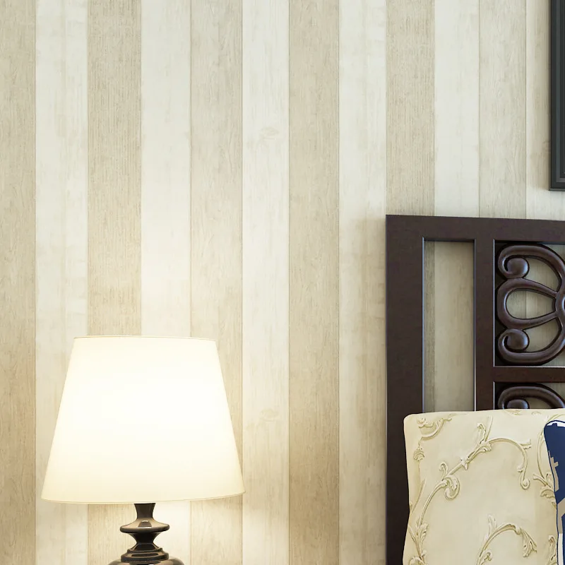 

Mediterranean Vertical Stripes Retro Non-Woven Wood Grain Wallpaper Background of Television in the Drawing Room Wallpaper
