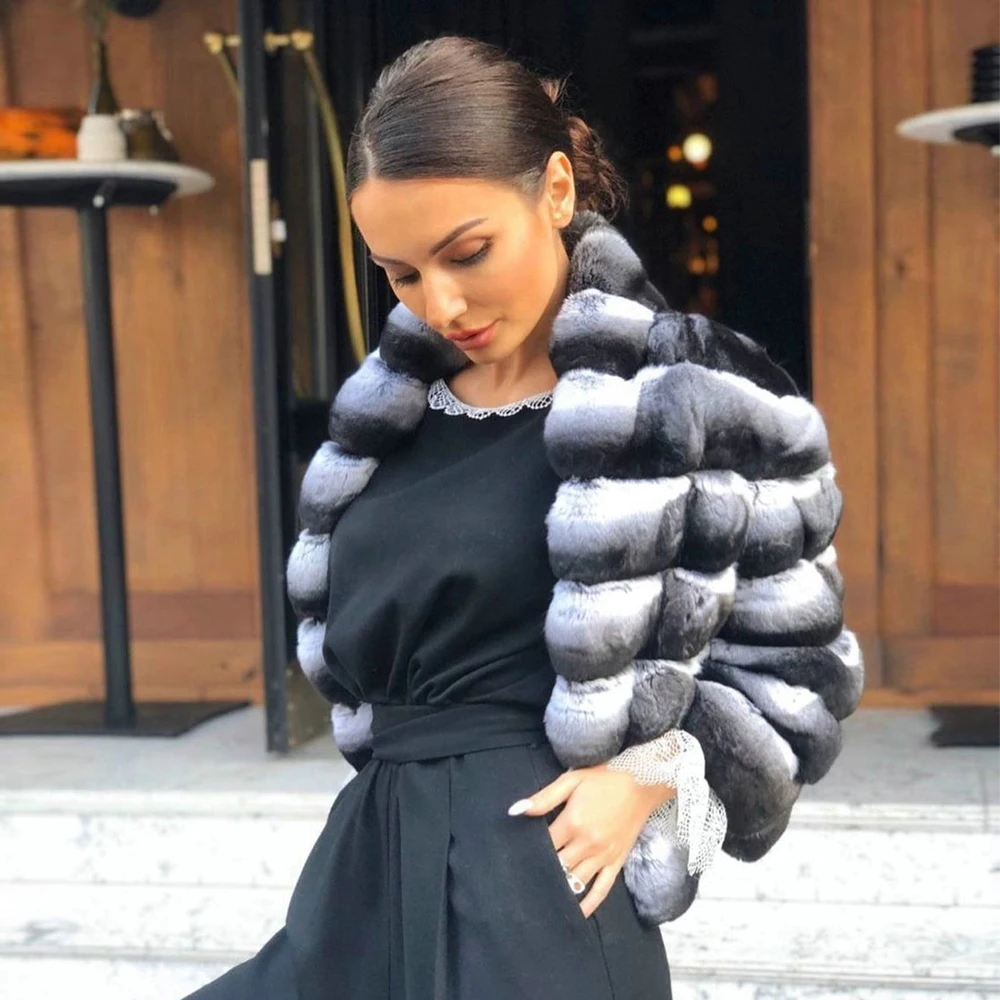 2022 Trendy Women Natural Rex Rabbit Fur Coat Stand Collar Winter Fashion Chinchilla Color Genuine Rex Rabbit Fur Jacket Outwear