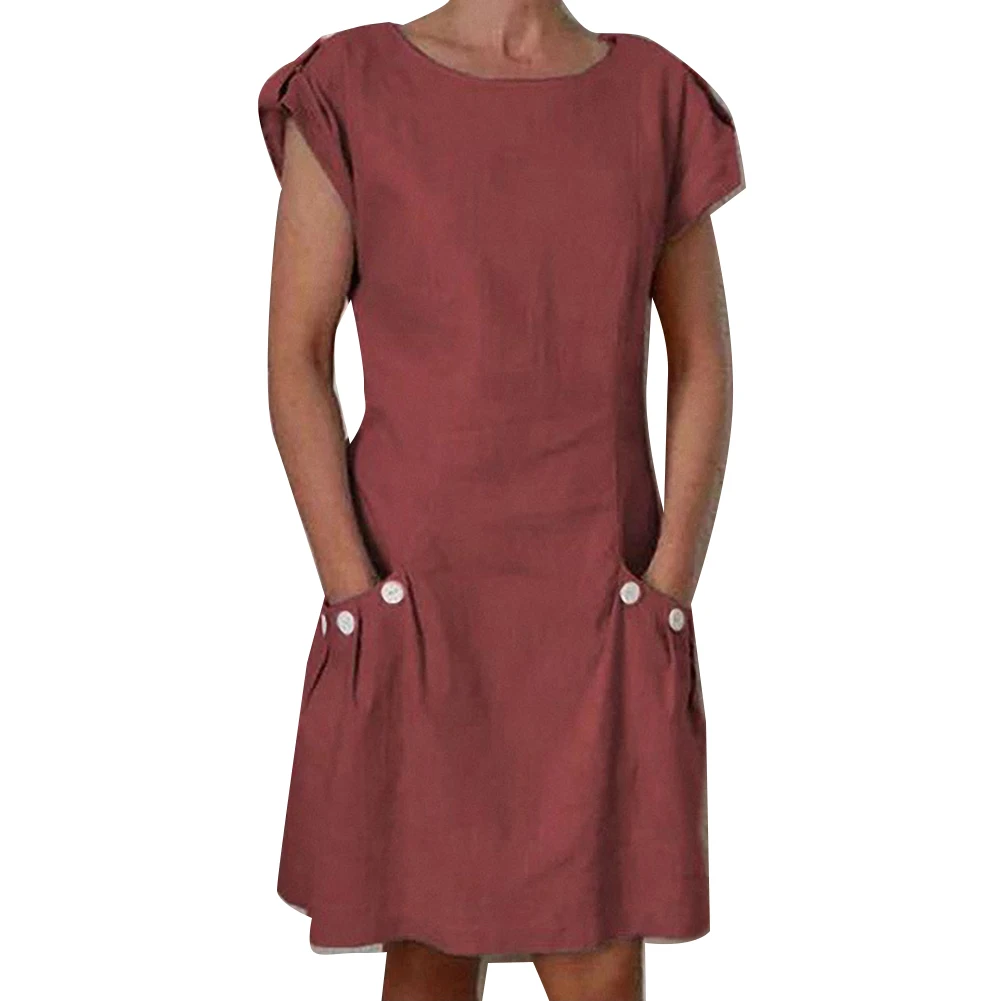 New Women Summer Casual Solid Color Round Neck Button Pockets Short Sleeve Midi Dress Cotton + Spandex Women's Size S-5XL | Женская