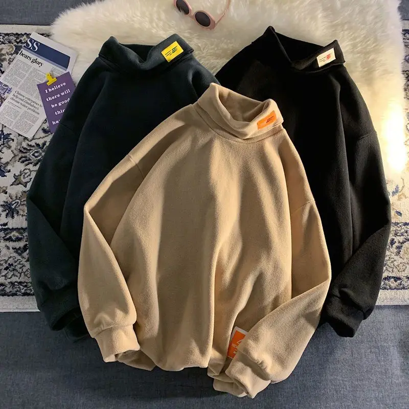 

Winter high collar base coat for men with plush and thickened interior Hong Kong style warm long sleeve autumn new sportswear