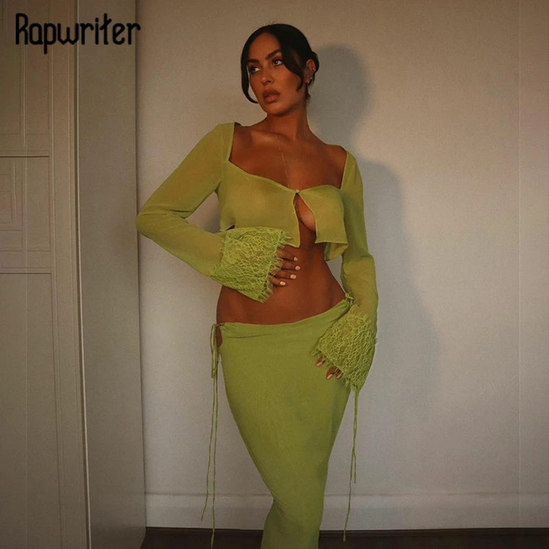 

Rapwriter 2021 Harajuku Stripe Green Chiffon Top Women Elegent Patched Tee Sexy Transparent Crop Top Holiday Long Sleeve Blouse