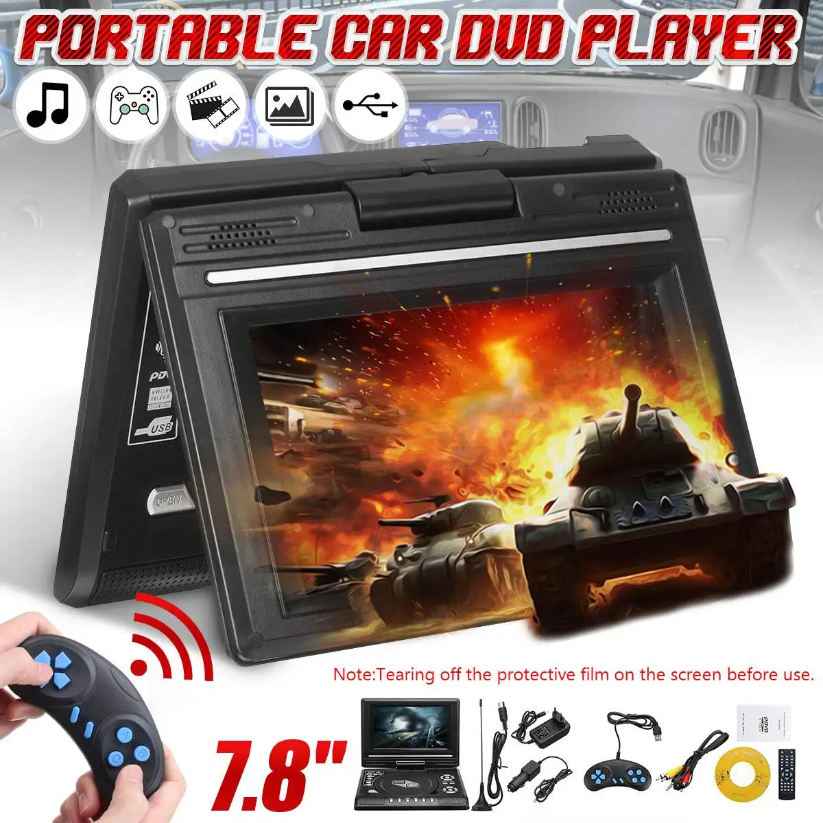 Портативный автомобильный DVD плеер 7 8 дюйма HD TV VCD CD MP3 USB SD карты RCA ТВ порт кабель