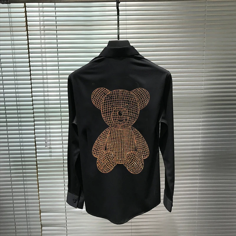 Cartoon Rhinestone Hot Diamond Design Spring Men's T-Shirt Lapel Long-Sleeved Couple Classic Cute Cotton Tops