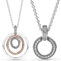 100 925 sterling silver double two tone circles with crystal pendant necklace fit pandora bead charm trendy diy jewelry