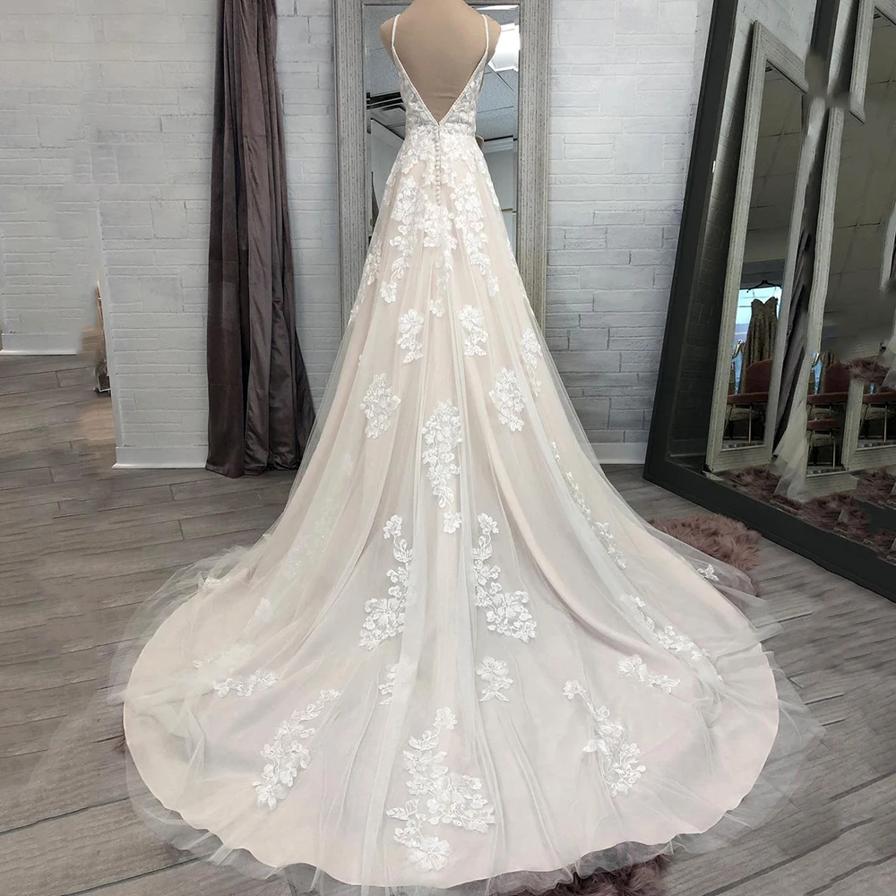 pink wedding dress UZN Elegant Light Champagne A-Line Lace Appliques Wedding Dress V-Neck Sleeveless Beading Bridal Gown Ivory Spagetti Straps Open wedding dress for women