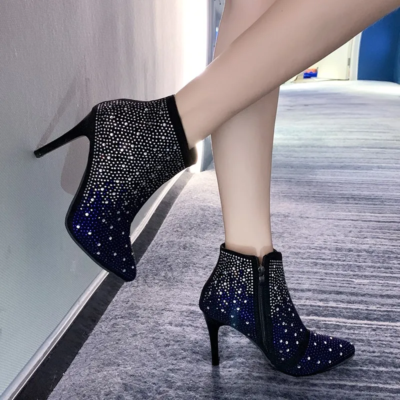 9 см женские ботильоны пикантная обувь с украшением в виде кристаллов Стразы