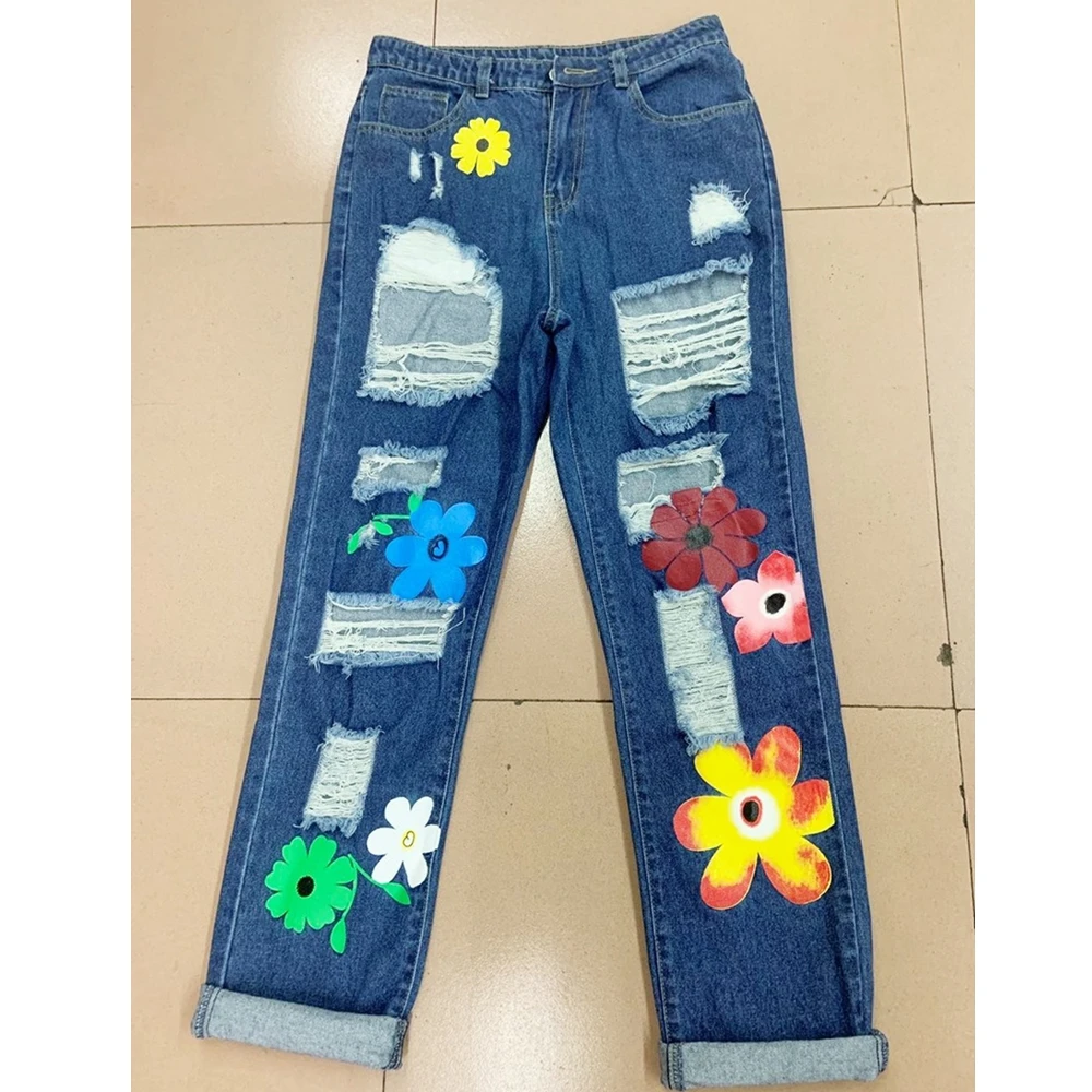 

Lugentolo Jeans Woman Hole Fashion Print Summer New Washed Pockets Button Fly Mid Waist Straight Plus Size Womens Jeans