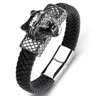 Модный плетёный шнур браслет мужской Панк ювелирные изделия голова Волка кожаный браслет из нержавеющей стали лучший подарок для парня P146