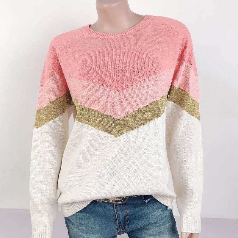 

2021 New Spring/autumn Contrast Stitching Knited Sweater Tops for Women Round Neck Raglan Sleeve Sweater Pullover Jumper Female