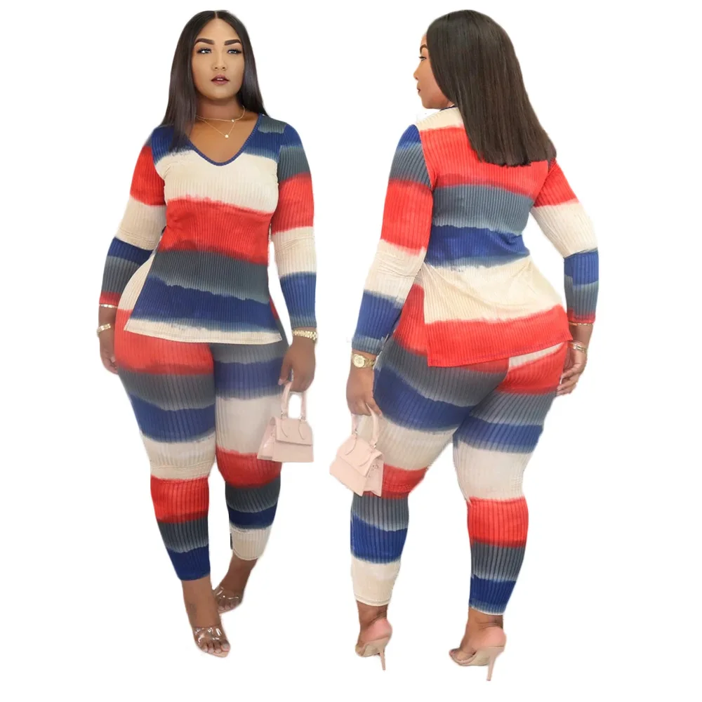 

Autumn Women Casual Sets Contrast Color Striped Printing Long Sleeve Side Split Tops High Waist Pencil Pants Outfits Streetwear