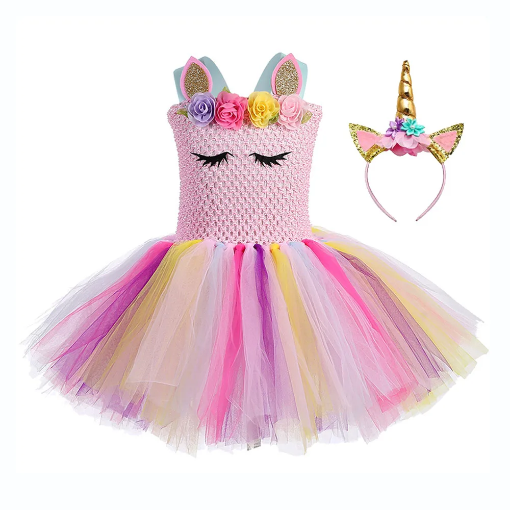 Unicorn Dress Set 4 Рождественское платье принцессы для маленьких девочек; платье с пони до колена; платье-сюрприз для подростков; платье-пачка с единорогом; повязка на голову; Крылья Ангела - Цвет: Unicorn Dress Set 4