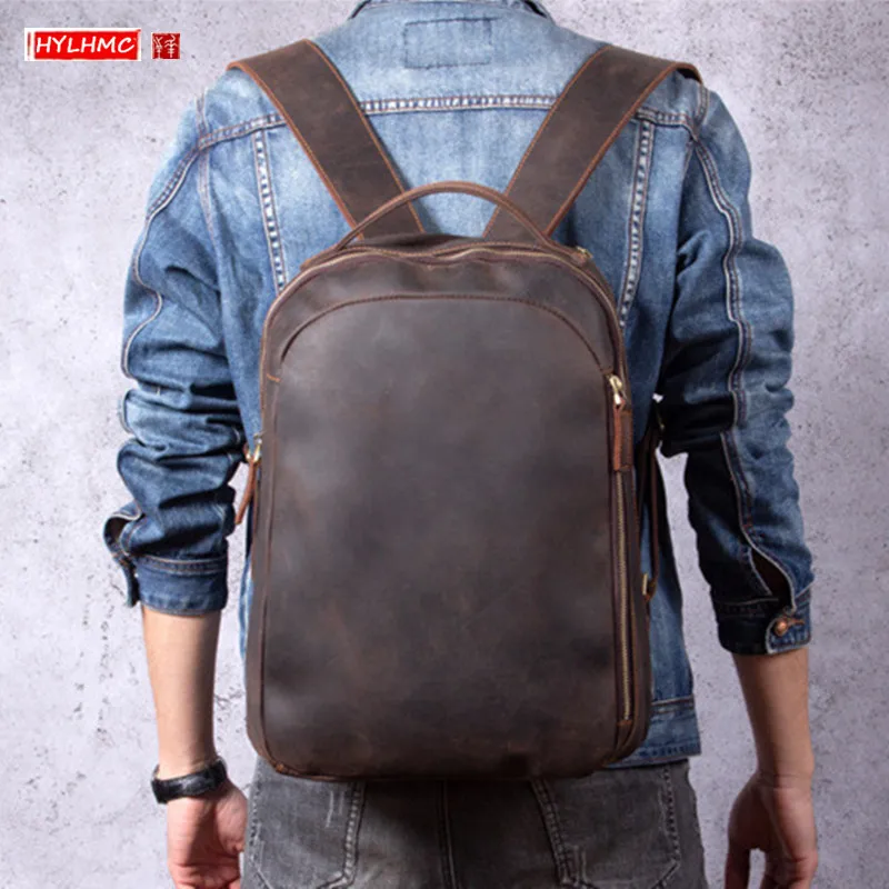 

Мужской кожаный рюкзак Crazy Horse в стиле ретро, вместительная сумка на плечо для ноутбука, дорожный школьный ранец из воловьей кожи первого сло...