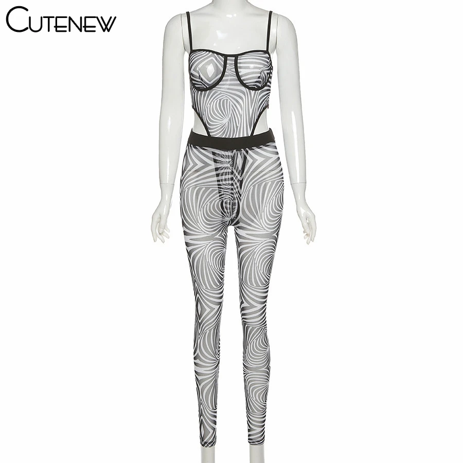 

Cutenew GEOMETRIC Print Mesh Two Piece Sets Women 2021 Fall Sexy Spaghetti Strap Bodysuits+Pants Matching Suit Skinny Streetwear