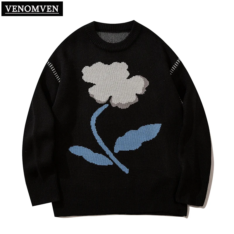 

Harajuku vintage flower oversized knitted sweater men's winter hip hop Korean jumper pullover women's grandpa ugly sweater