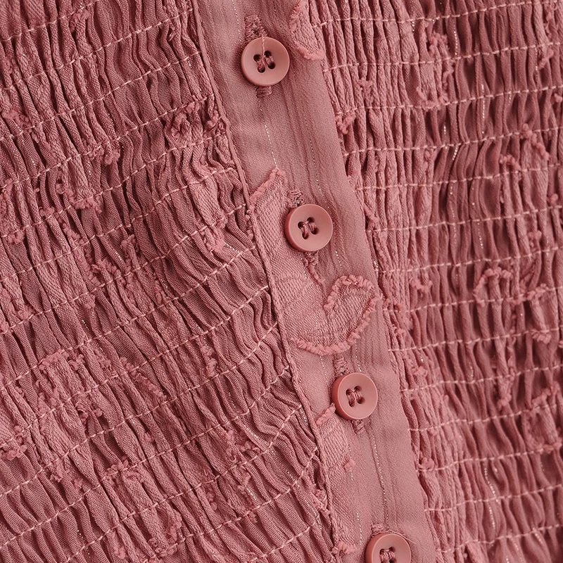 

Paris Girl Solid Lady Short Tops V Neck Pink Vintage Chiffon Blouse Pleated Elastic Waist Cut Flowers Shirt Women Summer Autumn