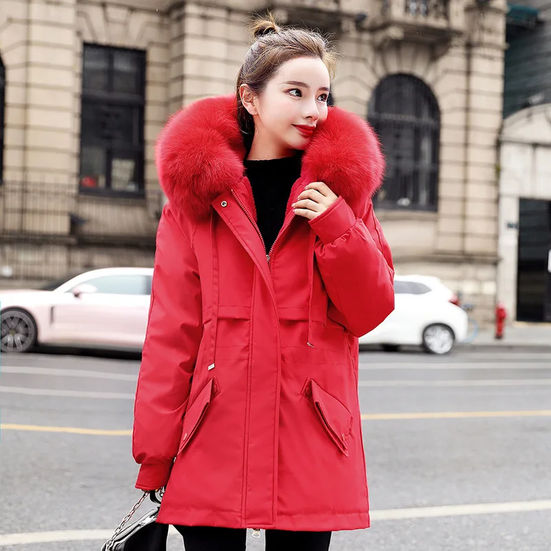 Winter Coat  Clothes Women 2021 The New Cotton Long Slim Hooded Fur Collar Short Padded Jacket