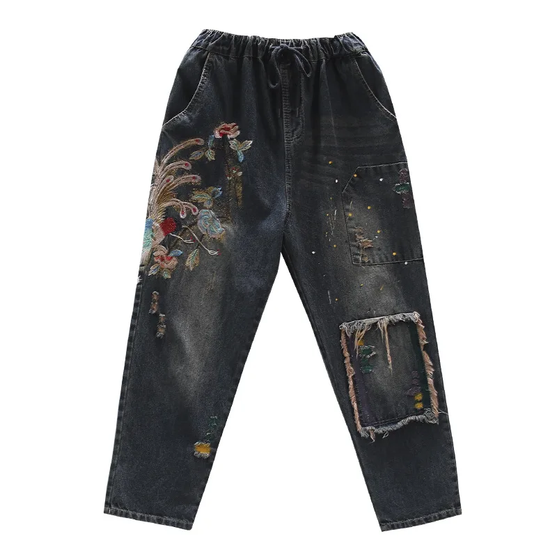 Streetwear Casual Ripped Denim Pants Autumn Retro High Quality Embroidery Floral Washed Jeans Women Elastic Waist Harem Trousers | Женская