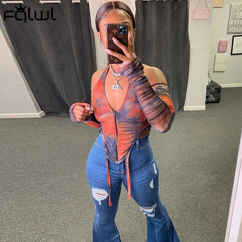 

FQLWL сетчатый плиссированный укороченный топ на молнии с длинным рукавом женская сексуальная клубная прозрачная укороченная футболка с отк...
