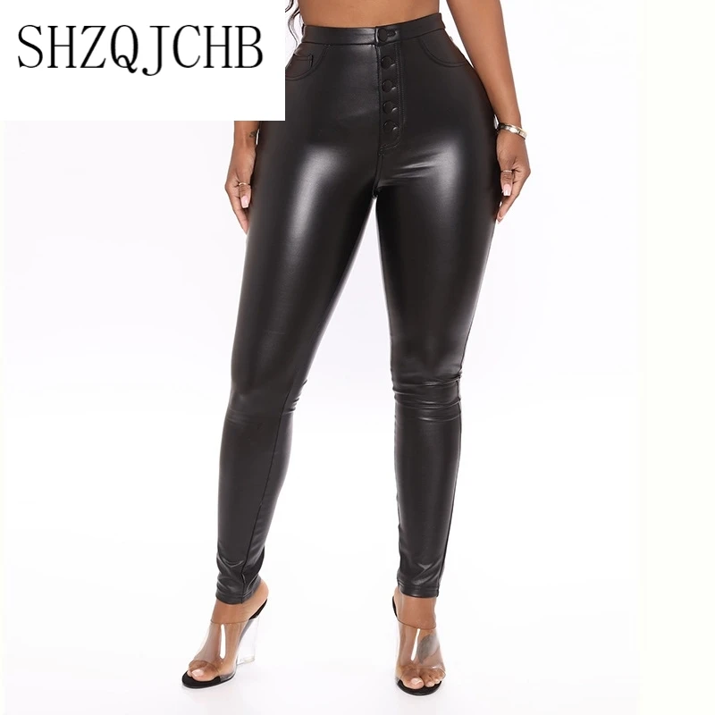 

JCHB Women Sexy Autumn Winter Skinny PU Bodycon Pants Ladies Button High Waist Slim Fit Leggings Trousers Nightclub Wear