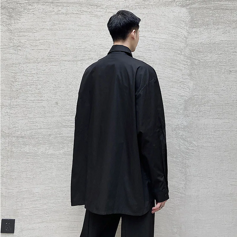 

New Male Women Japan Streetwear Vintage Fashion Couple Shirt Men Folds Splice Loose Casual Long Sleeve Shirt
