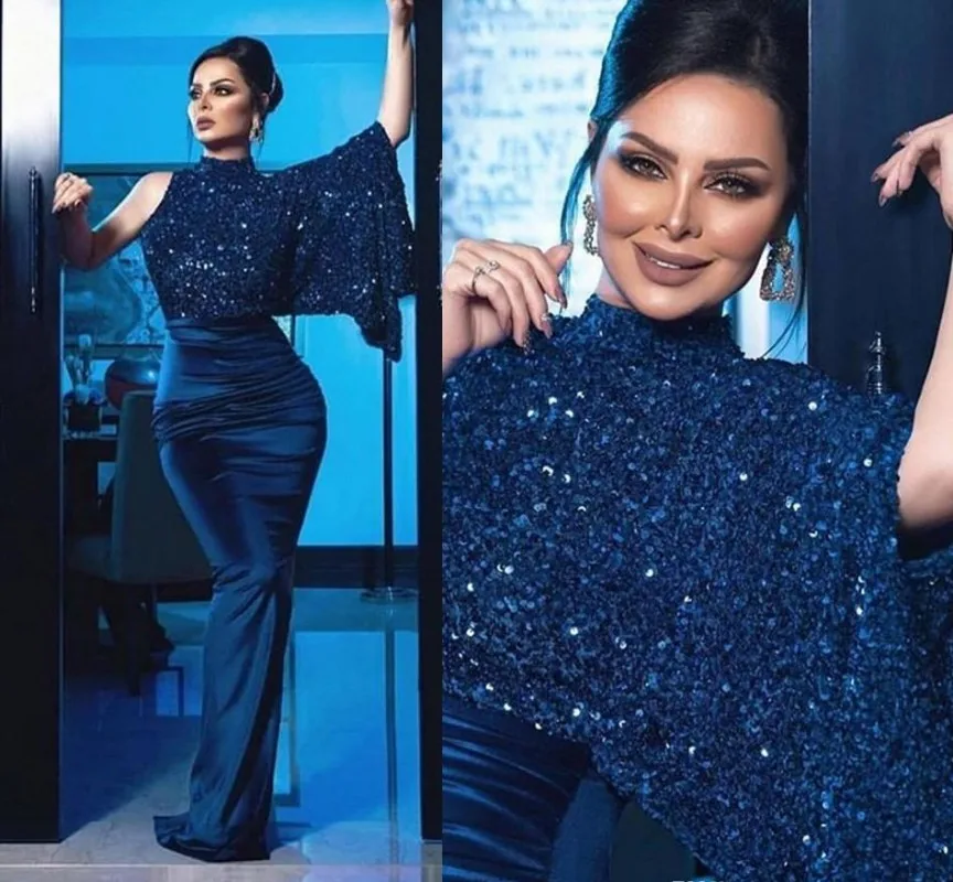 

Sexy Navy Blue Arabic Dubai Evening Dresses Sequins Mermaid Long Sleeve Formal Pageant Prom Gown Celebrity Vestidos De Fiesta